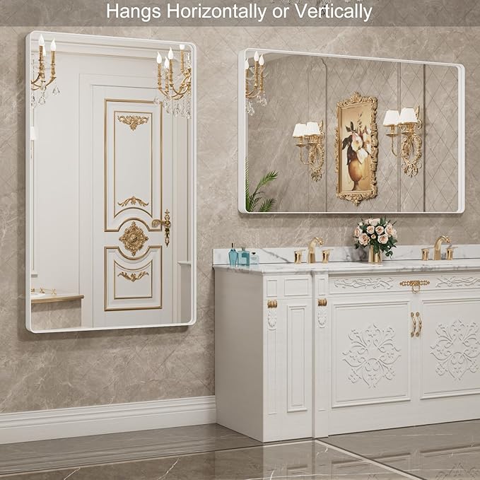 LOAAO 55x36 Inch White Metal Framed Bathroom Mirror - Image 3