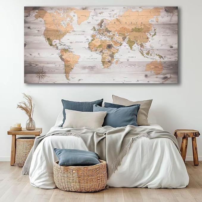 canvas Wall Art 40inchx79inch lagre gery map of the world Painting Ready to by ZEYDRT