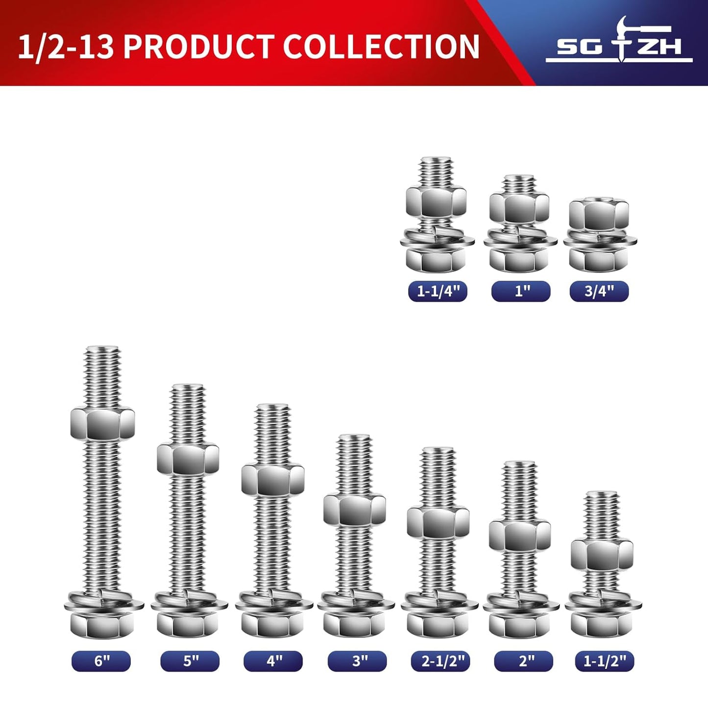 1/2-13 x 1-1/2" Hex Head Screw Bolt, Nuts, Flat & Lock Washers, 20Pcs 18-8 (304) Stainless Steel, Fully Threaded, by SG TZH