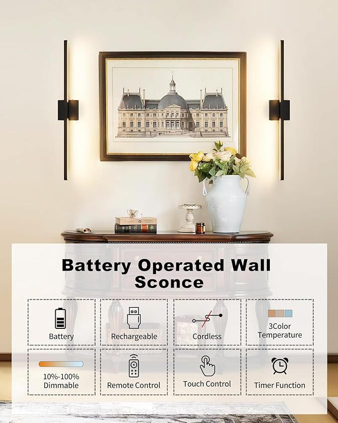 Rayogale 36 Inch 8000mAh Rechargeable Battery Operated Wall Sconce Set of Two - Image 3