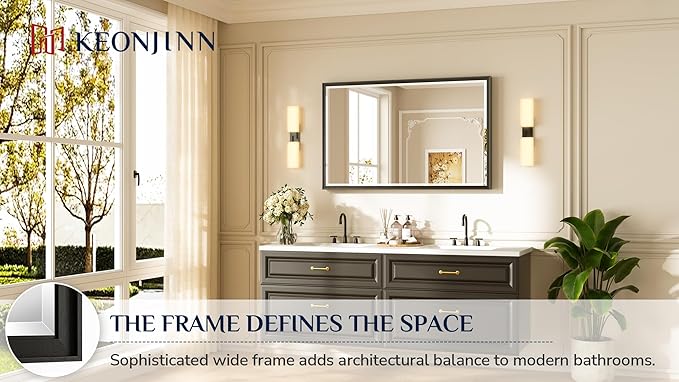 Keonjinn 48" x 30" Black Bathroom Vanity Mirror, Aluminum Alloy Framed Black - Image 7