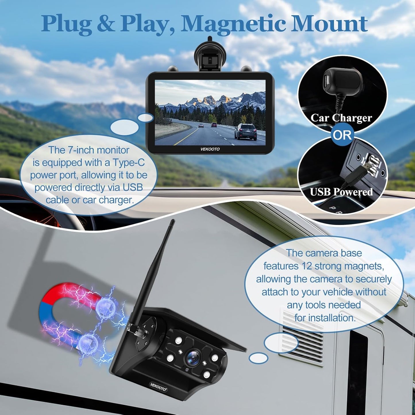 2 Magnetic Solar Wireless Backup Camera with 7'' IPS Touchscreen, 15,000mAh Rechargeable, Auto Sleep, No Wiring, 1080P Night Vision Wireless Backup Camera for Trucks, RV, Trailer, Camper VEKOOTO VK7-2