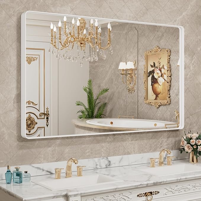 LOAAO 60x28 Inch White Metal Framed Bathroom Mirror by LOAAO