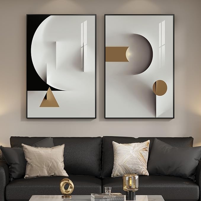 Large Framed Modern Elegant Abstract Wall Art, 2 Piece Black White Gold - Image 3