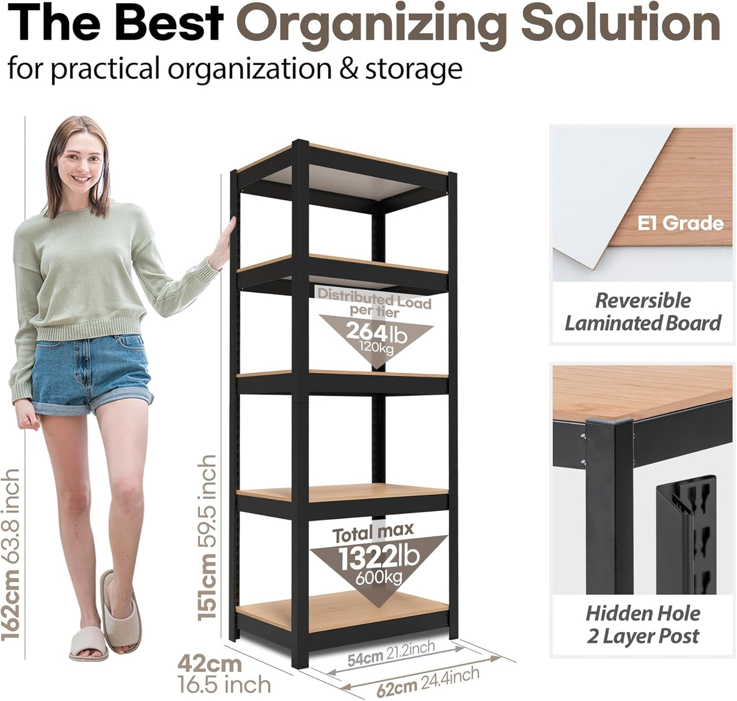 HOMEDANT House Black 5 Tier 24.4" W Laminated Metal Shelving Unit Adjustable Storage Utility Rack Heavy Duty Shelves Organization Multipurpose Shelf Kitchen Garage Pantry Closet 2 Pack
