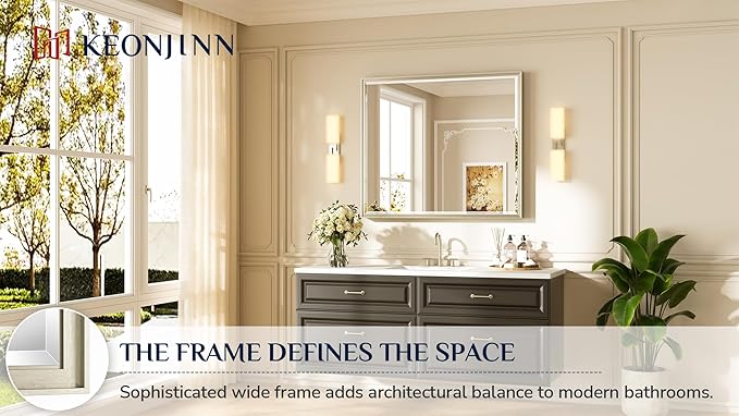 Keonjinn 42" x 36" Brushed Nickel Bathroom Vanity Mirror, Large Silver Bathroom - Image 7