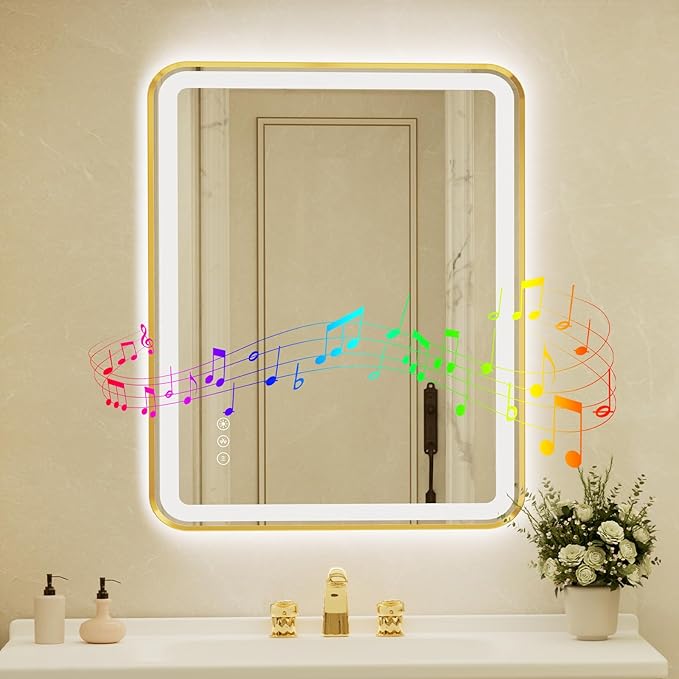 32x40 Inch Gold Framed LED Bathroom Mirror by Unknown