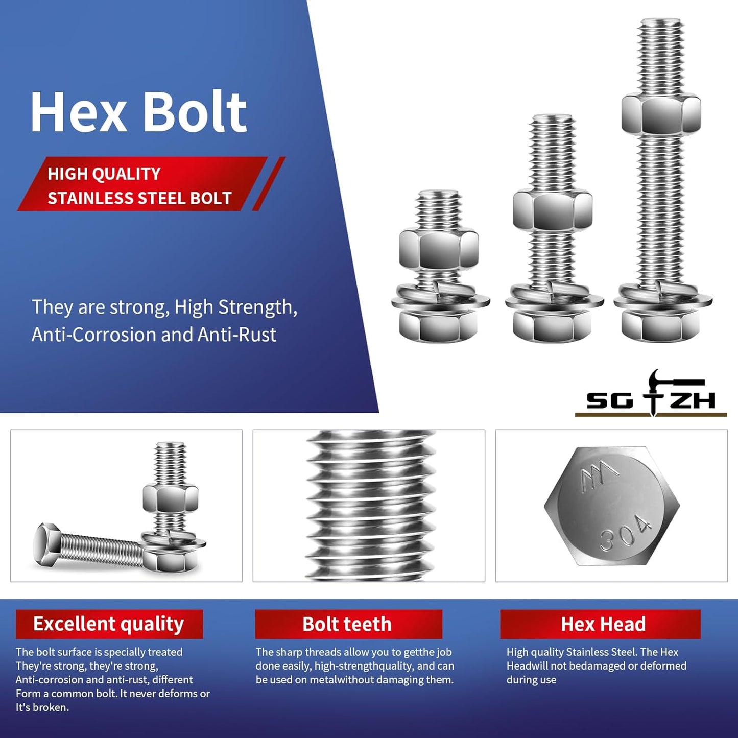 1/2-13 x 1" Hex Head Screw Bolt, Nuts, Flat & Lock Washers, 20Pcs 18-8 (304) Stainless Steel, Fully Threaded, by SG TZH