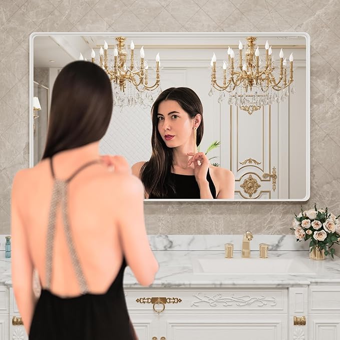 LOAAO 60x28 Inch White Metal Framed Bathroom Mirror - Image 2