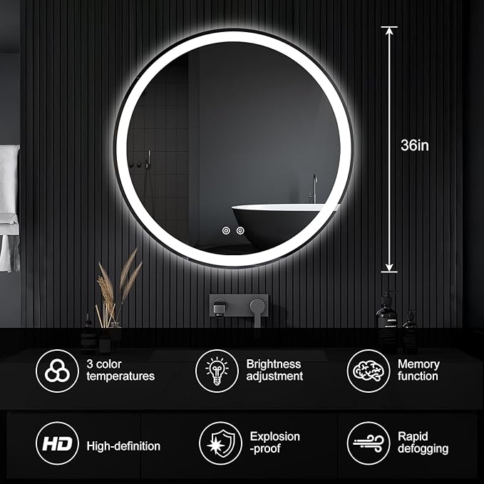 DUMOS 36 Inch Round LED Bathroom Mirror - Image 3