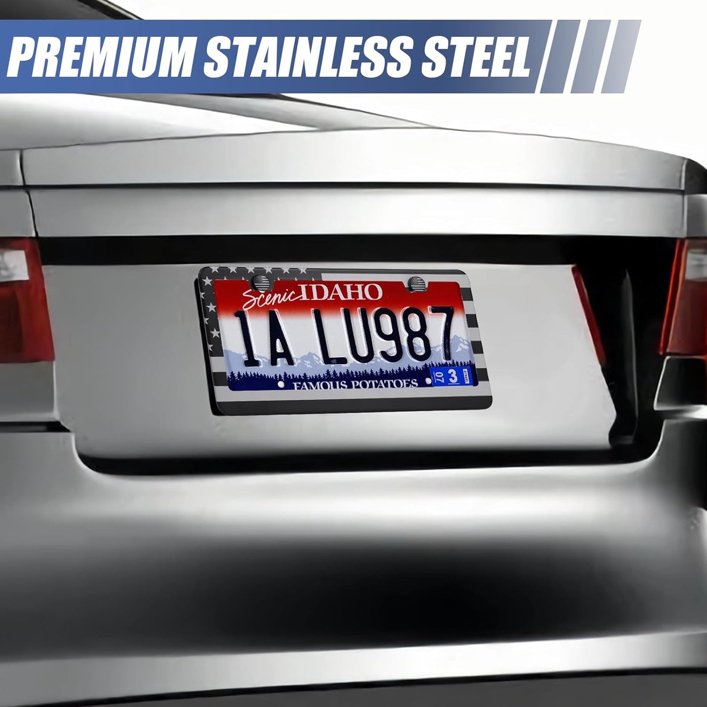 2 Pack License Plate Frames, Stainless Steel Car License Plate Cover Car Accessories with Screw Caps (Grey and Black)