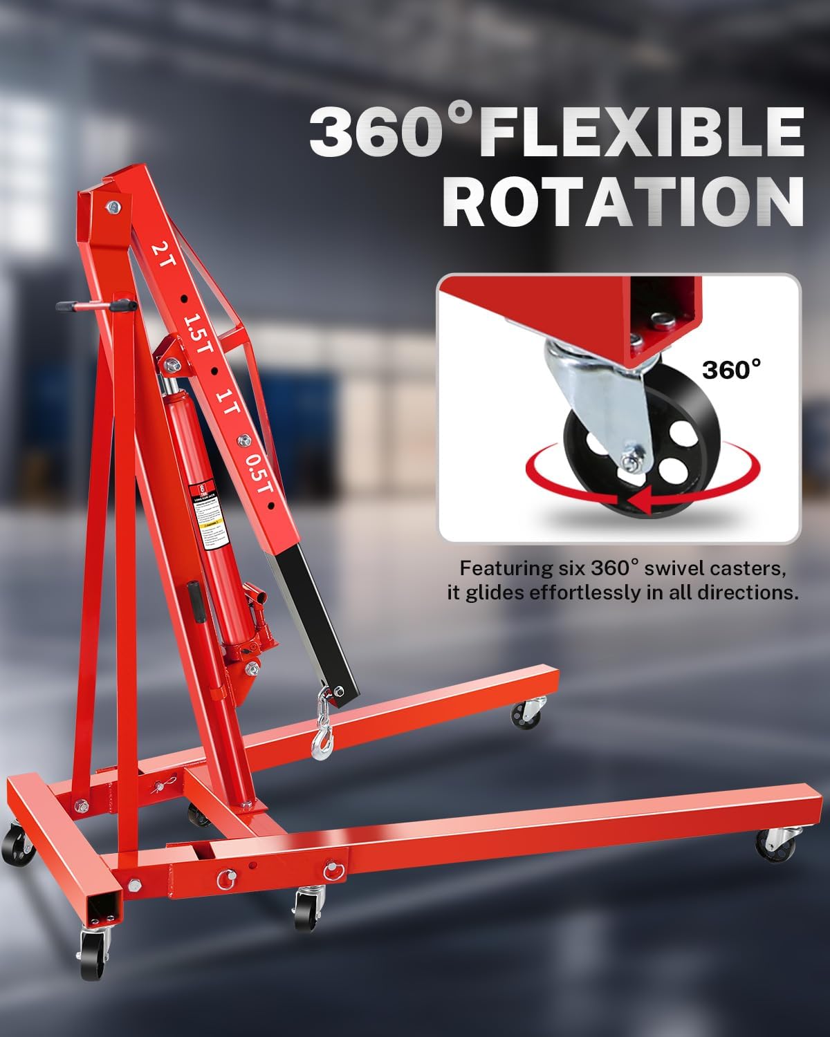 2-Ton Folding Engine Hoist, Hydraulic Shop Crane with 6 Swivel Wheels & Adjustable Boom (0.5T-2T), Heavy-Duty Cherry Picker for Garage, Workshop, Truck, Farm (Net Wt. 157 lbs)