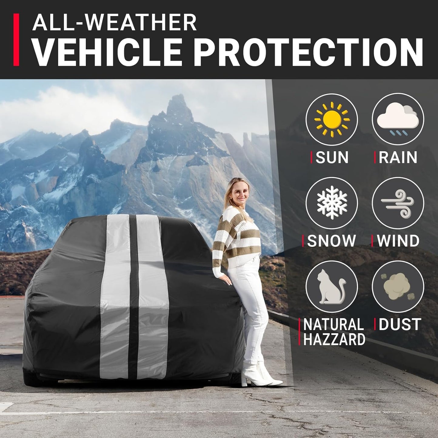 iCarCover Custom Car Cover for Pontiac Parisienne 4-Door (1965-1970) Waterproof All-Weather Rain Snow UV Sun Protector Full Exterior Indoor Outdoor Car Cover (Stripe - Black/Gray)