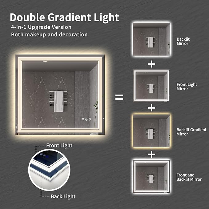 Bathroom Mirrors for Wall, 40x36 Inch Gradient Front and Backlight Lighted - Image 4