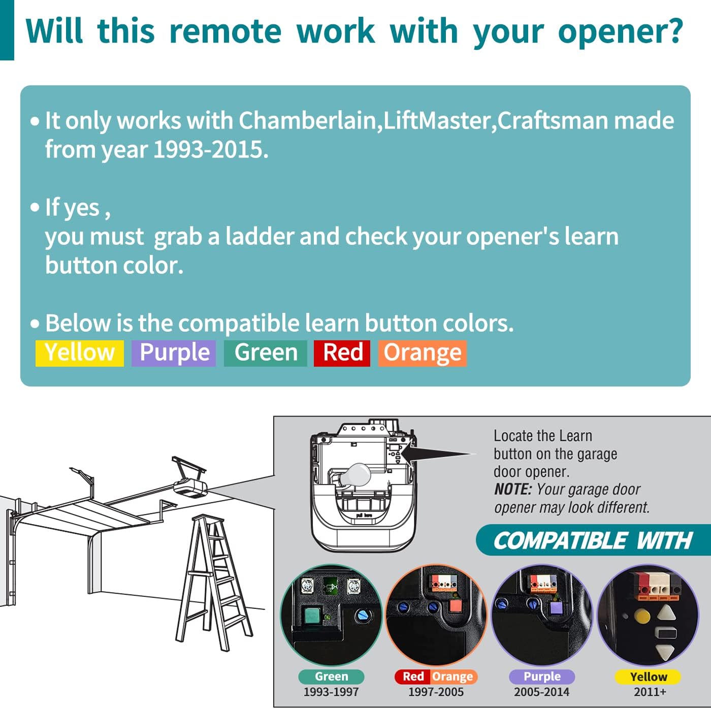 2 Garage Door Opener Remote,for LiftMaster Chamberlain Openers with Purple Yellow Green Orange Red Learn Button,893MAX 953EV/EVC,Keychain
