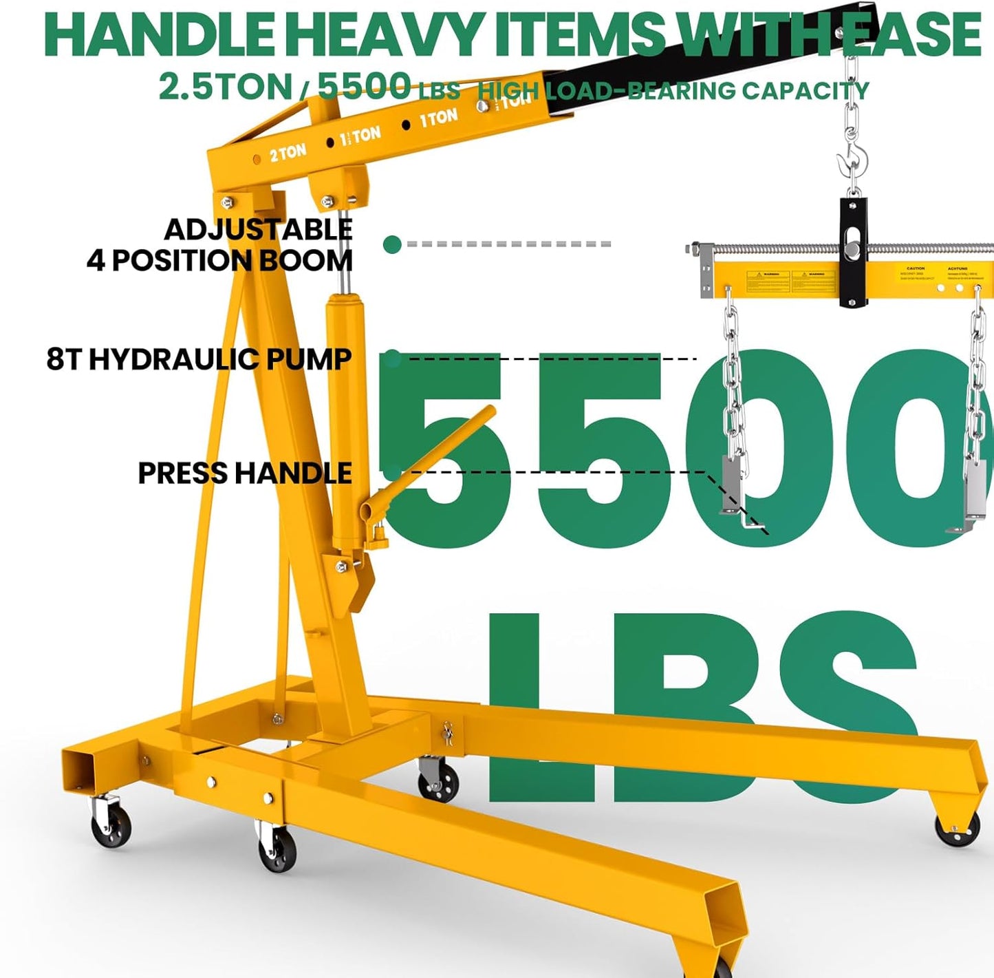 2.5 ton Engine Hoist Cherry Picker with 8 ton Hydraulic Pump -5500 lbs Heavy Duty Engine Crane 60.6x37x56.2,Foldable Design with 6 Swivel Wheels - for Mechanics, hobbyists and Home Users (Yellow)