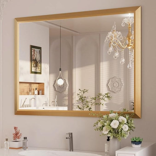 Amorho Bathroom Mirror, 48x36 Inch Golden Thick Metal Framed Wall Mirrors by Amorho