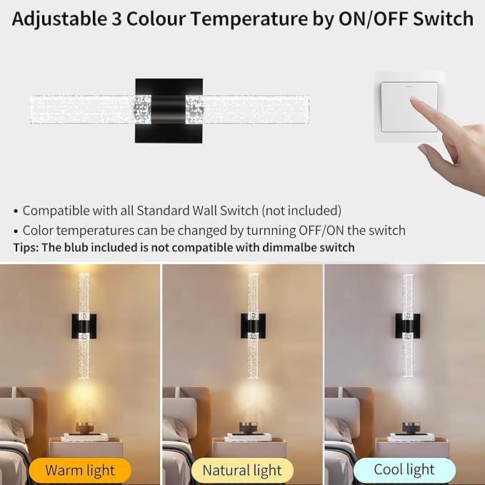 Black Modern LED Wall Sconces Set of Two 3000K-6000K Crystal Bathroom Sconce - Image 3