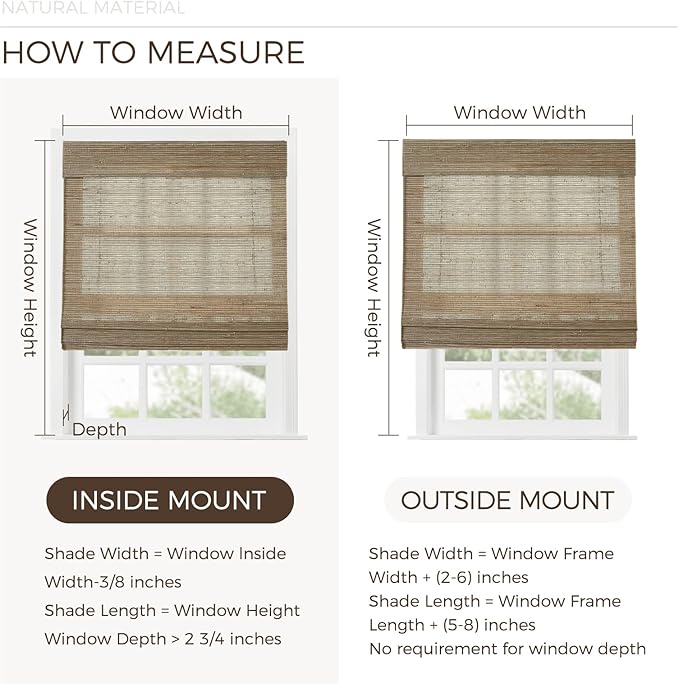 TWOPAGES Natural Woven No Drill Roman Shades, Custom Cordless Blackout Bamboo - Image 6