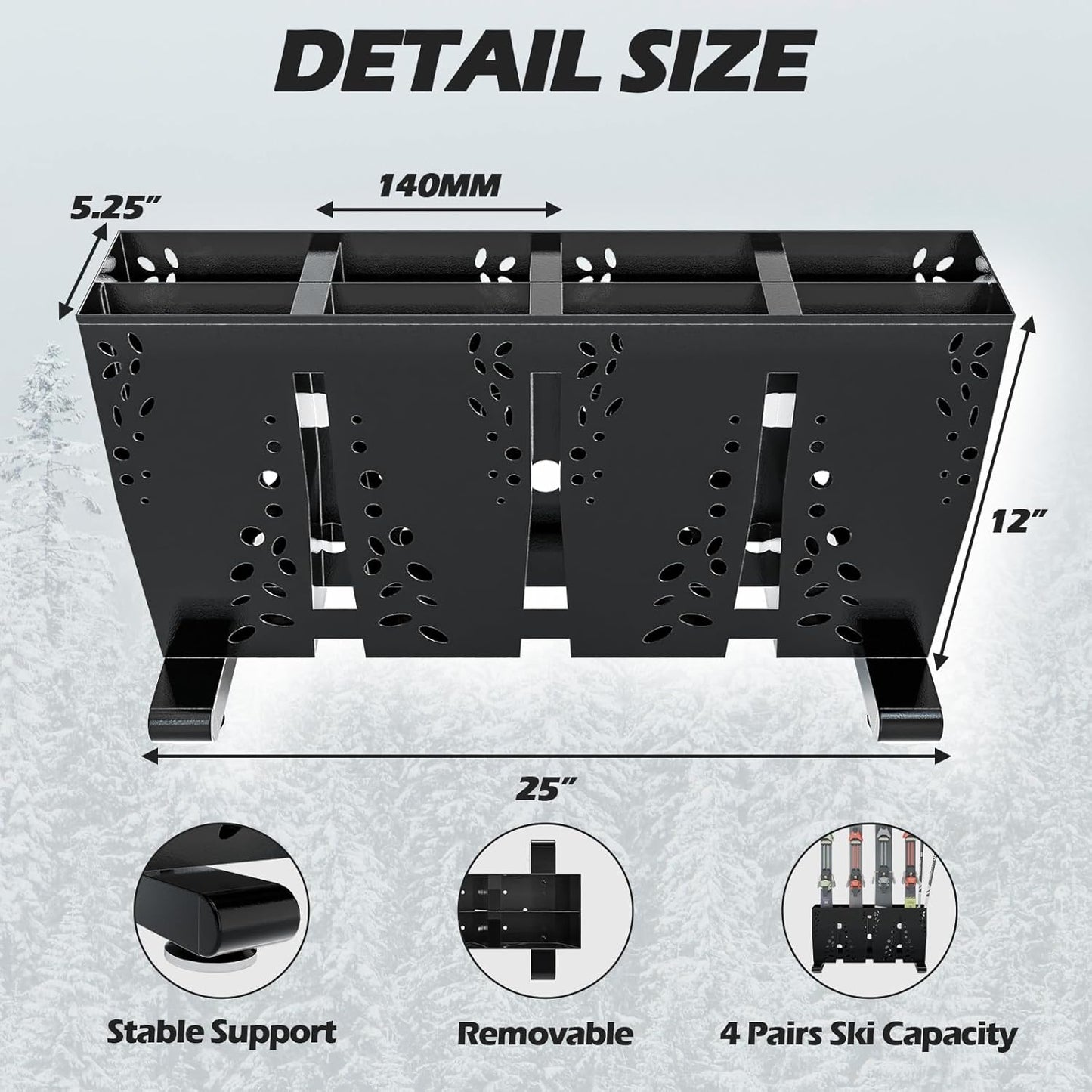 Heavy Duty Metal Ski Storage Rack, 4 Pair Freestanding Steel Ski Holder, Floor Stand Ski Organizer Rack, Snowboard Floor Stand Organizer for Garage and Home