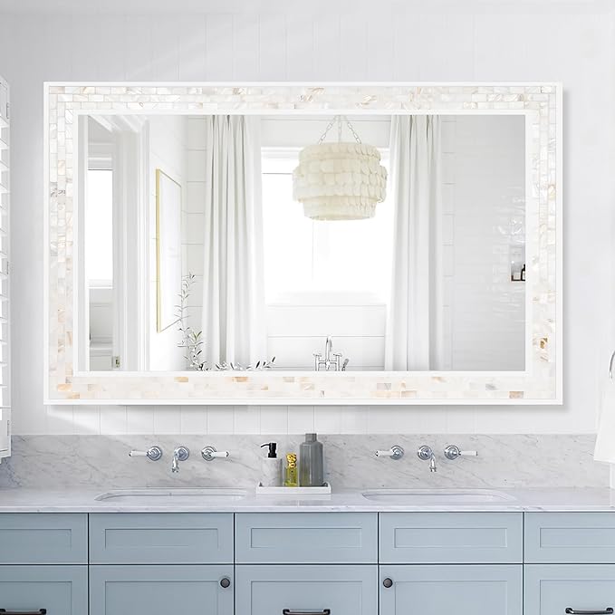 Tanmicoshomy 24 x 47 Inch White Rectangle Wall Mirror, Natual Shell Framed - Image 6