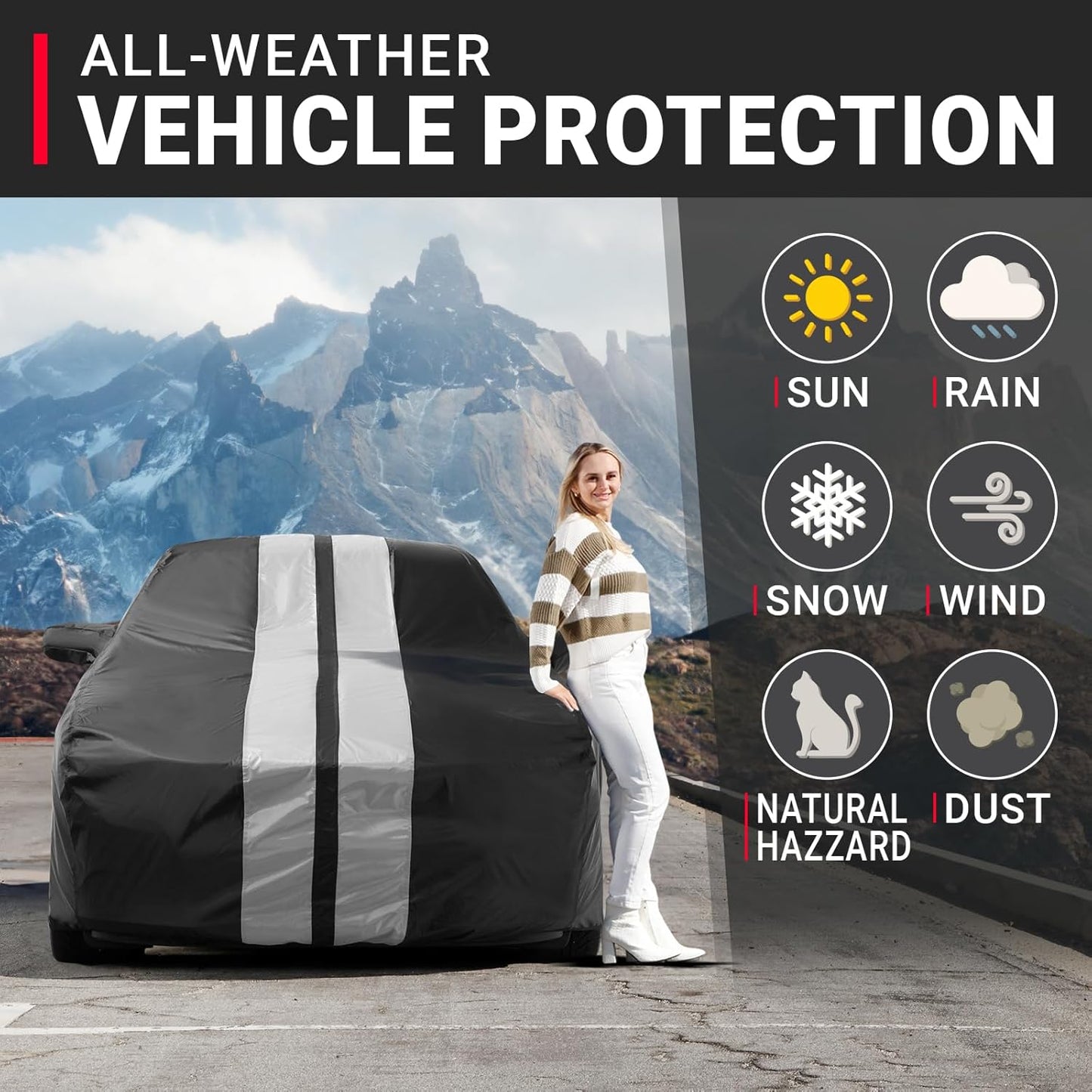 iCarCover Custom Car Cover for Chevy Cruze Hatchback (2017-2019) Waterproof All Weather Rain Snow UV Sun Protector Full Exterior Indoor Outdoor Car Cover (Stripe - Black/Gray)
