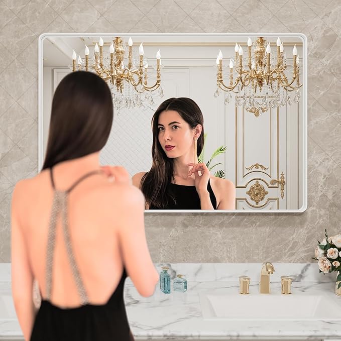 LOAAO 48x36 Inch White Metal Framed Bathroom Mirror - Image 2