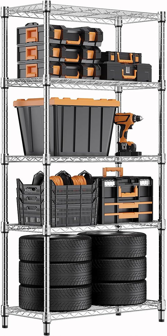 1250 lbs Steel Heavy Duty 5-Tier Utility Shelving Unit Steel Organizer Wire Rack for Home,Kitchen,Office,Chrome (13.7" D x 23.6" W x 62.4" H)