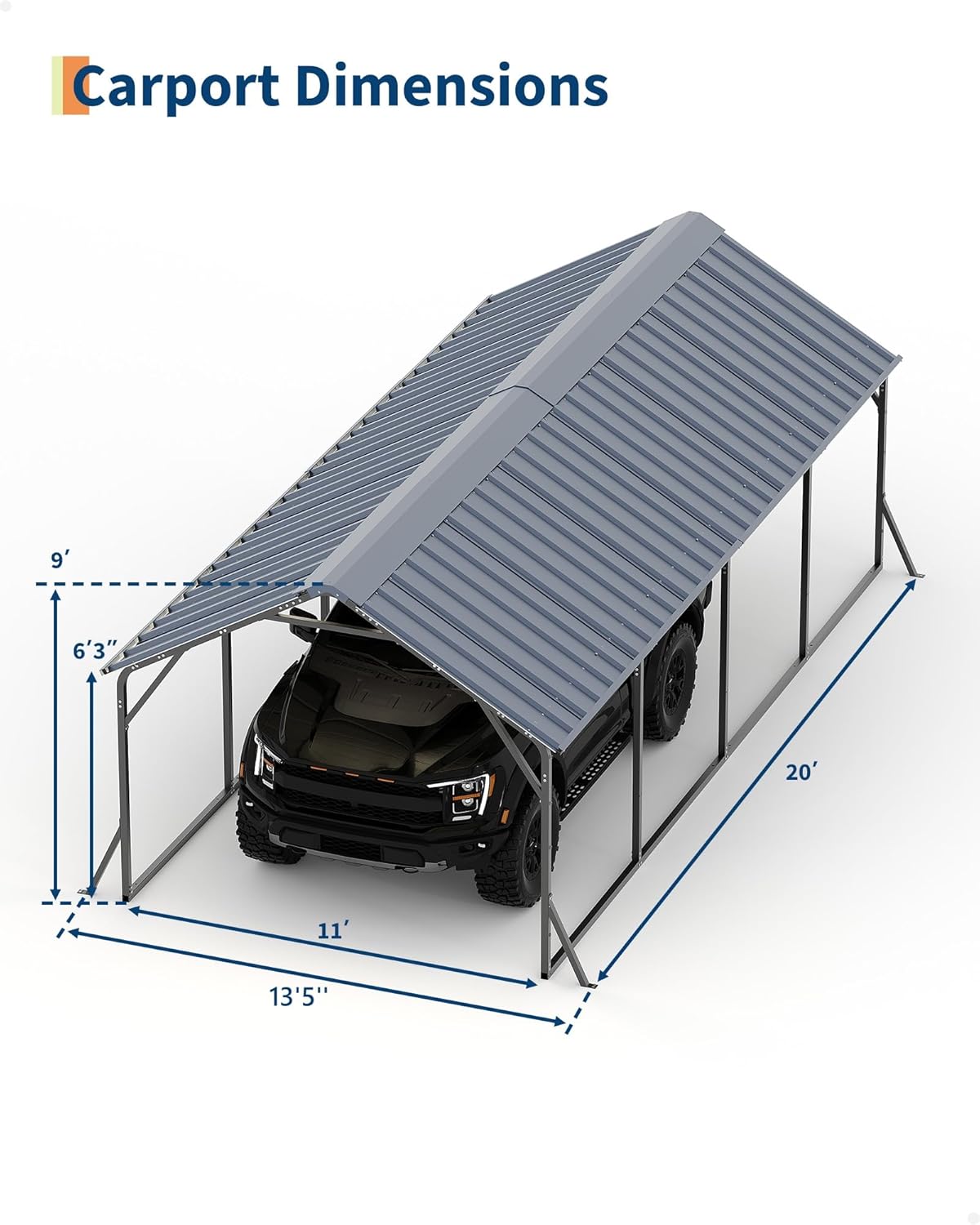 11'x20'x9' Vertical Roof Metal Carport, Heavy Duty Steel Car Ports for All-Weather, for Full-Size Pickup Trucks, Boats, and Tractors