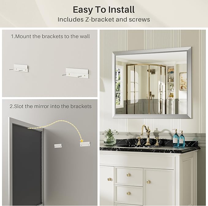 48x32 Inch Brushed Silver Bathroom Mirror - Image 7