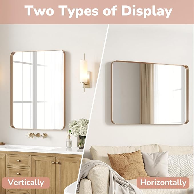 USHOWER Gold Bathroom Mirrors 24"x36" 2 Pack, Brushed Gold Rectangle Mirrors - Image 7