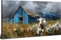 Rustic Farmhouse Wall Art Cow and Blue Barn Canvas Pictures Country Landscape by HOME