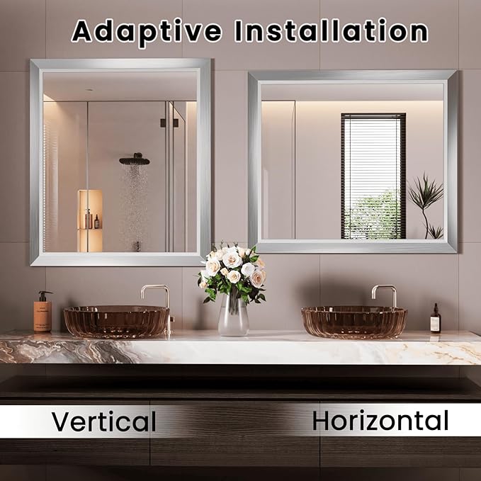 Amorho Bathroom Mirror, 28x32 Inch Silver Thick Metal Framed Wall Mirrors - Image 5