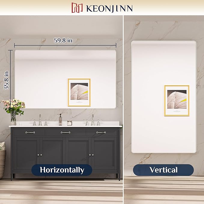Keonjinn Brushed Nickel Mirror 60 x 36 Inch Large Silver Bathroom Mirror - Image 8
