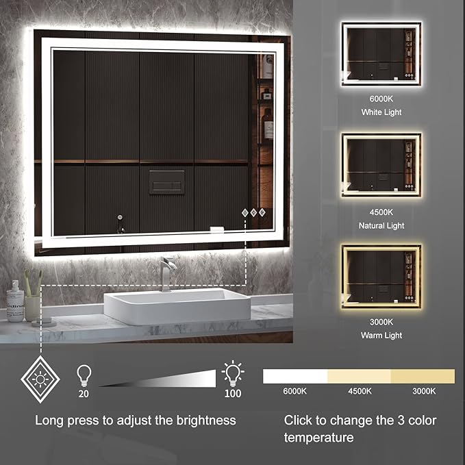 LED Bathroom Mirror, 40x32 Inch Gradient Front and Backlight Bathroom Vanity - Image 5
