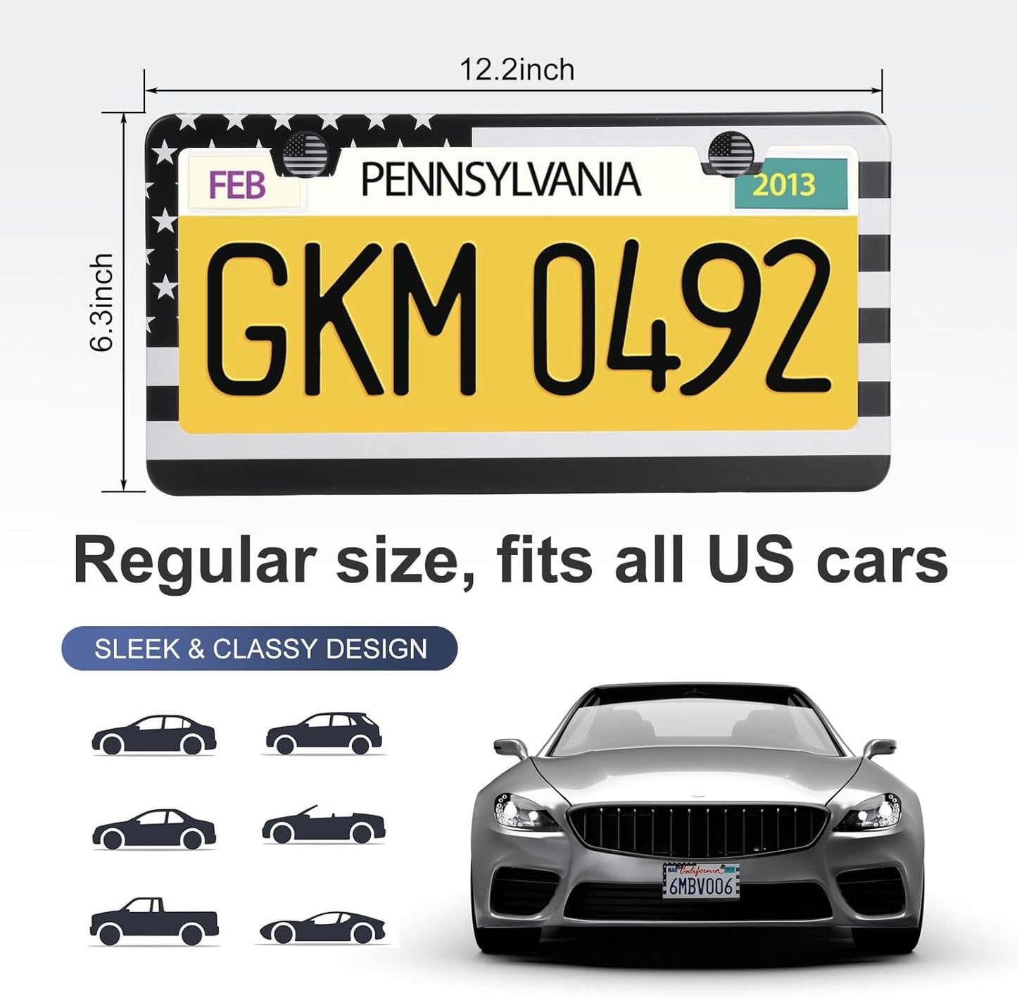 2 Pack License Plate Frames, Stainless Steel Car License Plate Cover Car Accessories with Screw Caps (Grey and Black)