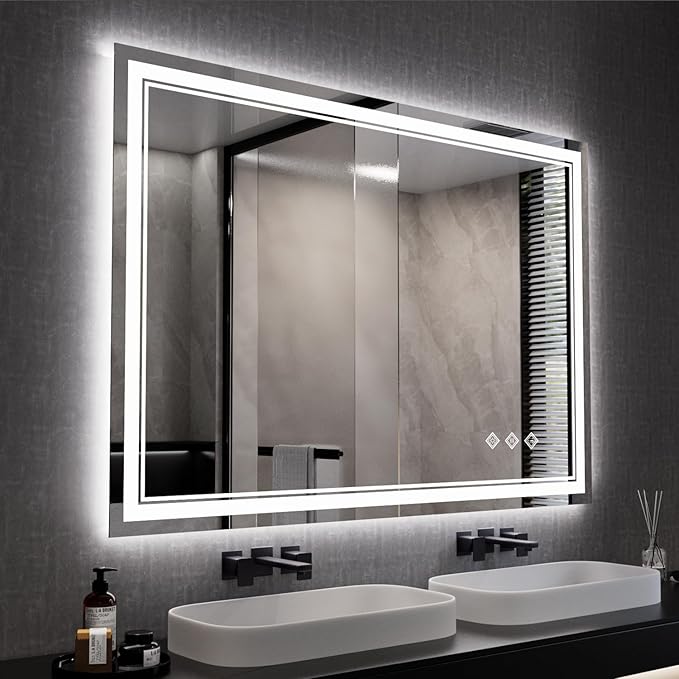 Bathroom Mirror, 44x30 Inch Gradient Front and Backlit Smart Mirror, 3 Colors by VanPokins-GlobalHighEndLEDBathroomMirrorBrand