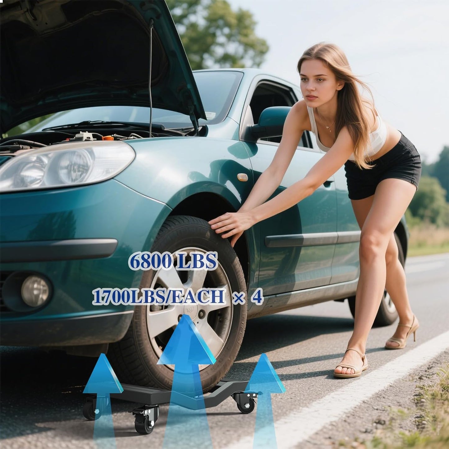 I'EZONK Industrial Stainless Steel Car Dolly Set of 4-6,800lb/3,084kg Capacity | Pro Vehicle Mover w/Locking Brakes | U-Shaped Design for Cars/SUVs/Trucks & Trailers