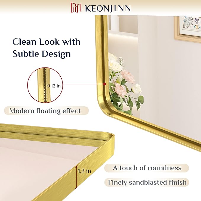 Keonjinn Gold Bathroom Vanity Mirror 48 x 36 Inch Large Rounded Rectangle - Image 3
