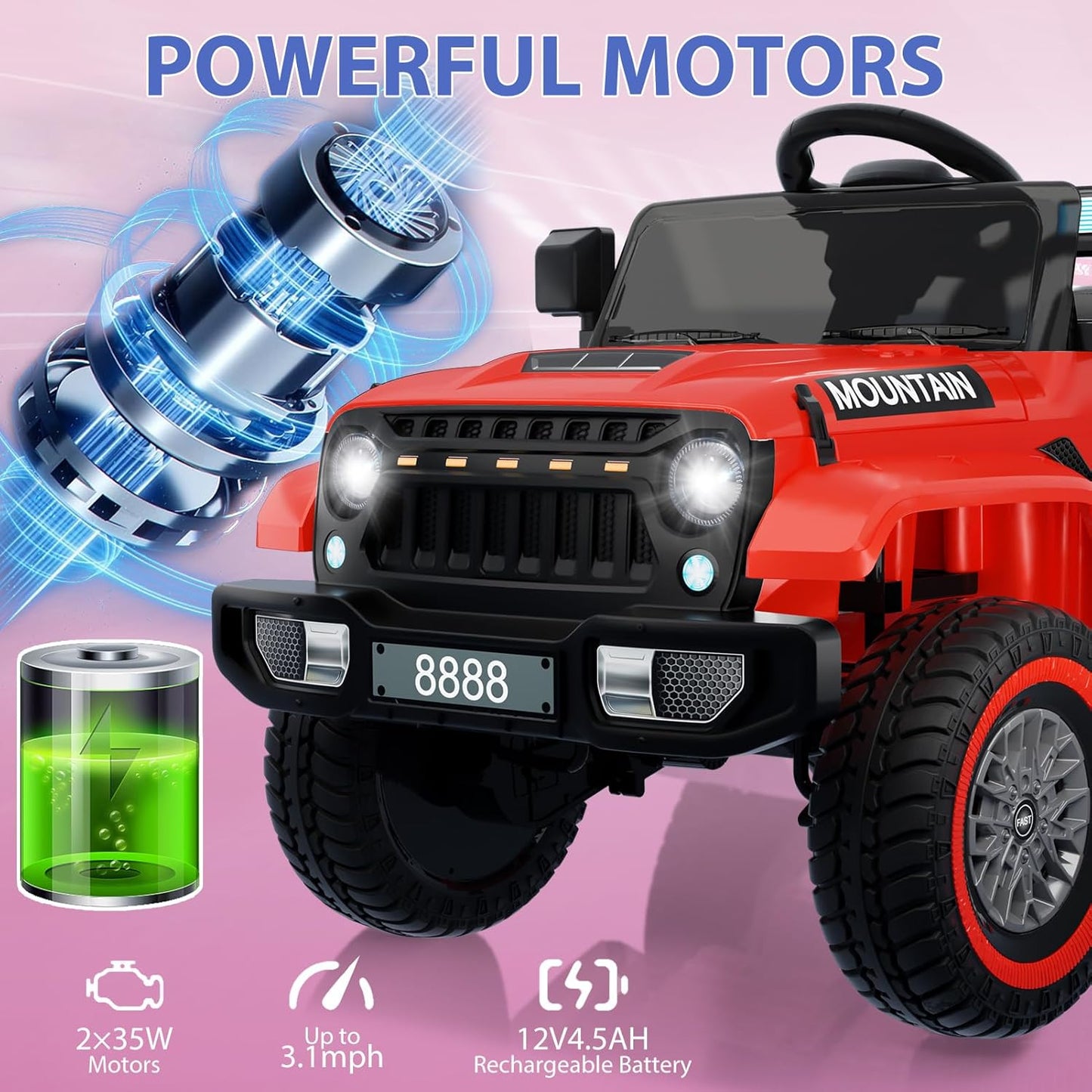 12V Kids Ride on Truck Car, w/Parent Remote Control, Twin 35w Motors, 3 Speeds, LED Lights, Music & Horn, Spring Suspension, Kids Electric Vehicles Toy for 3-5 Years Old Boys Girls Gift, Red