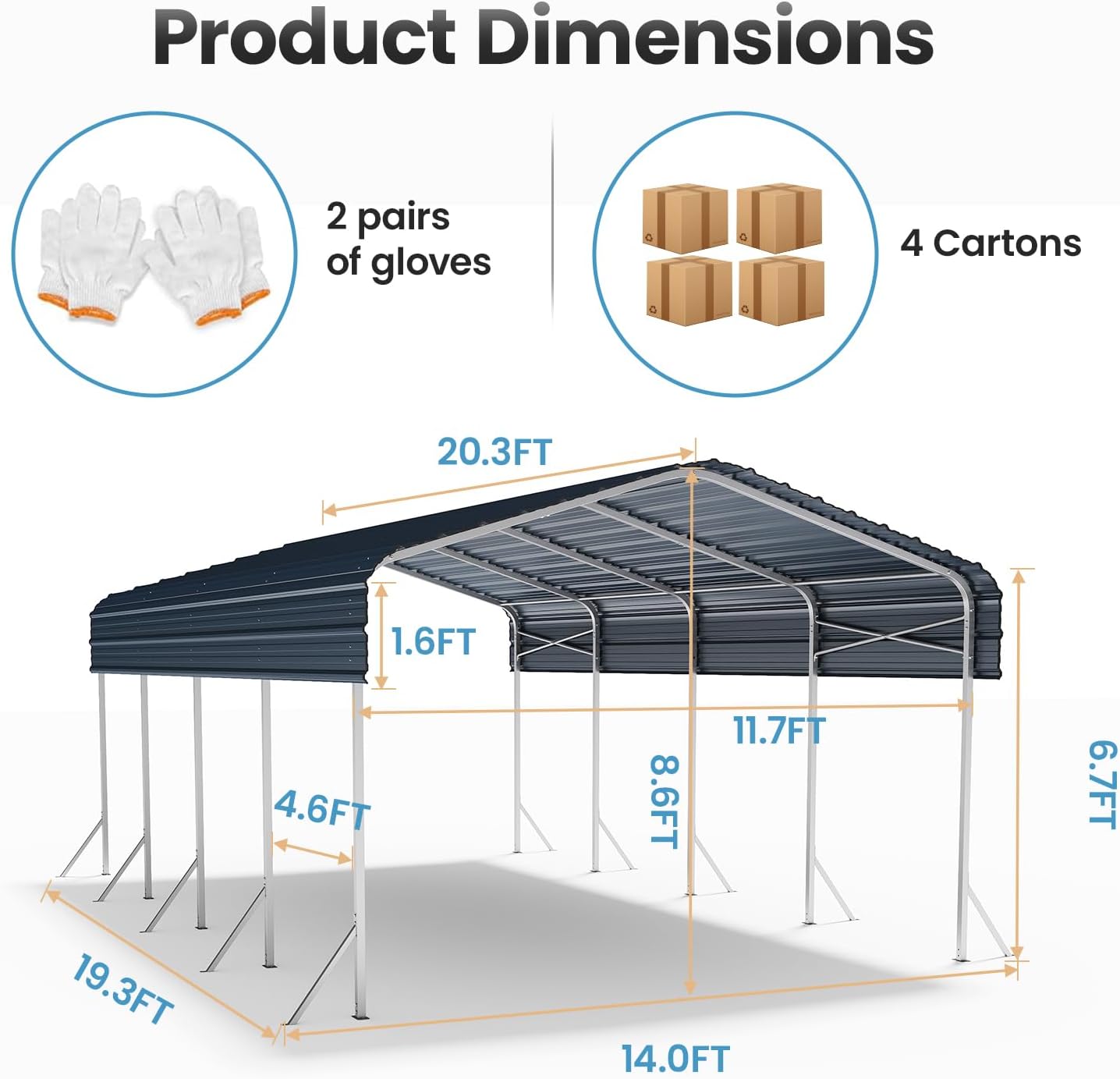 12x20' Heavy Duty Metal Carport – Sturdy Structure, All-Weather Protection, Easy Assembly for Cars, Trucks, Boats, Tractors, and Outdoor Storage (Grey, 12x20FT)
