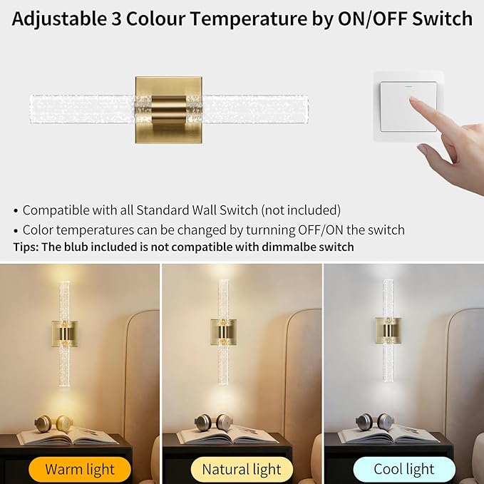 18 Inch Bathroom Sconces Set of 2, 3 Color Temperature Bubble Crystal Led Wall - Image 3