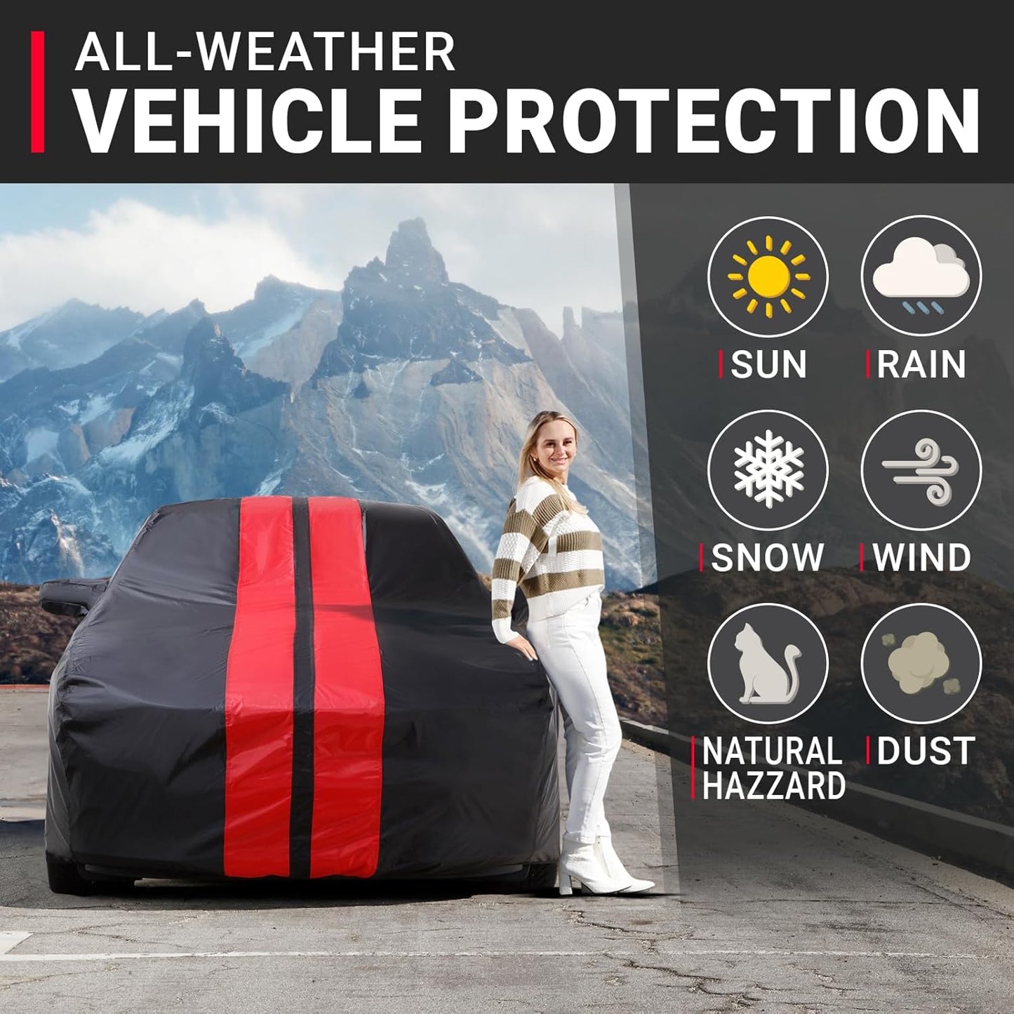 iCarCover Custom Car Cover for Buick Allure (2005-2010) Waterproof All-Weather Rain Snow UV Sun Protector Full Exterior Indoor Outdoor Car Cover (Stripe - Black/Red)