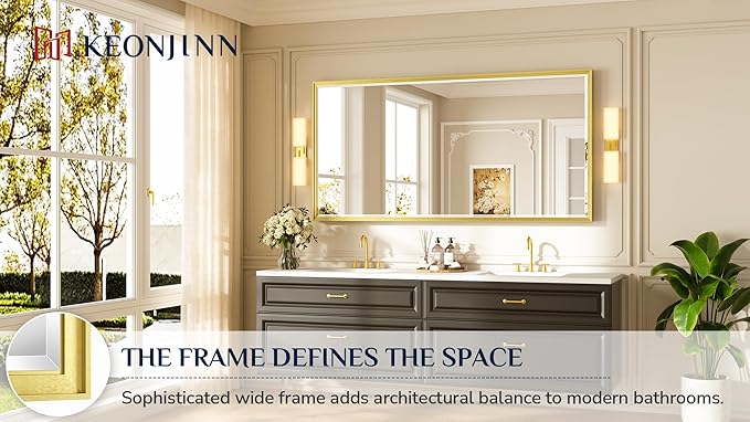 Keonjinn 72" x 36" Gold Bathroom Mirror, Decorative Metal Frame, Safe Beveled - Image 2
