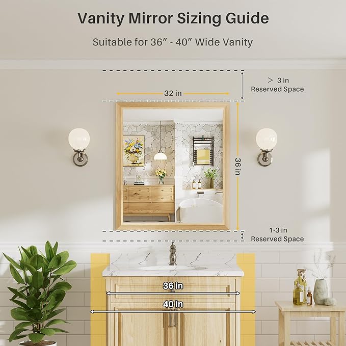 36x32 Inch Bathroom Mirror for Wall, Anti-Rust Oak Wood Grain Metal Framed - Image 2