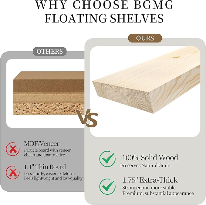 BGMG Wood Floating Shelves for Wall 54 inch Set of 2, Solid Wood Wall Mount - Image 4