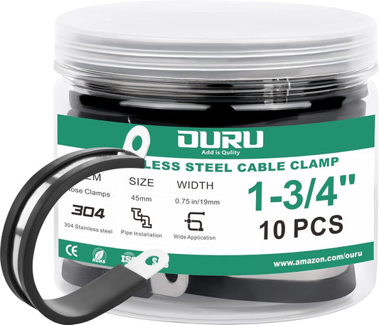 10pcs 1-3/4 Inch Stainless Steel & Rubber Coated Cushioned Insulated Cable Clamps, Automotive Pipe & Wire Clamps, Black