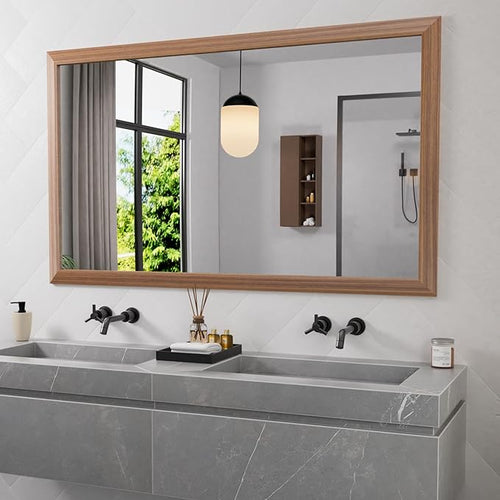 Amorho Bathroom Mirror, 60 X36 Inch Wall Mirror, Walnut Wood Grain Metal Framed by Amorho