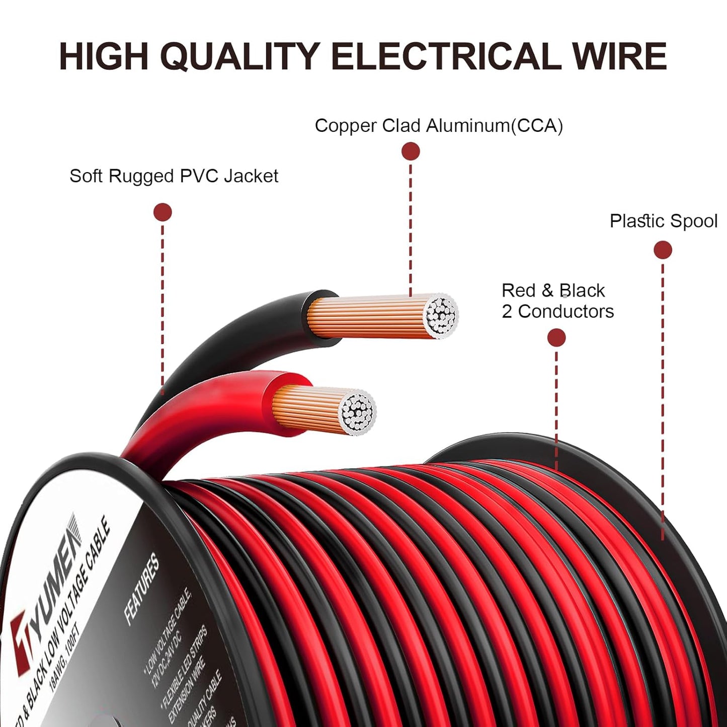 16 Gauge Wire 100FT, 16/2 AWG Red Black Hookup Electrical Wire LED Strips Extension Cord 12V/24V DC Cable, 16AWG 2 Conductors Flexible Wire for in-Home, Autos, Schools use