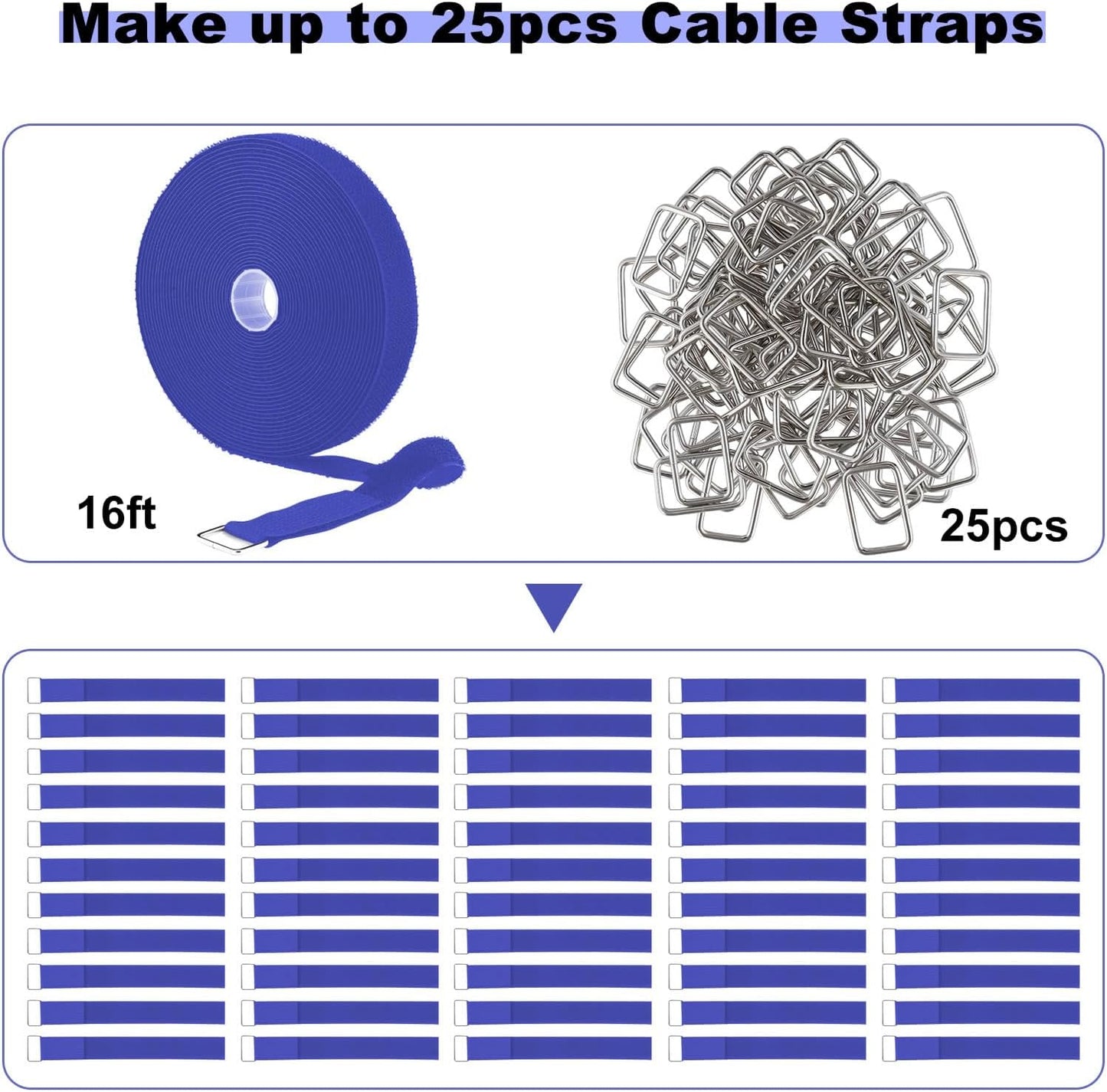 1"x16ft Hook and Loop Straps with 25 Metal Buckles, Adjustable Fastening Cable Straps, Cut-to-Length Cinch Strap, Reusable Nylon Securing Cord Ties for Organizer or Storage, 1 inch Wide,Blue